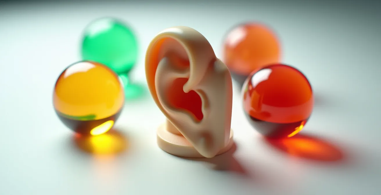 Symbolische Darstellung eines Ohrs mit farbcodierten Bereichen zur Symptombewertung