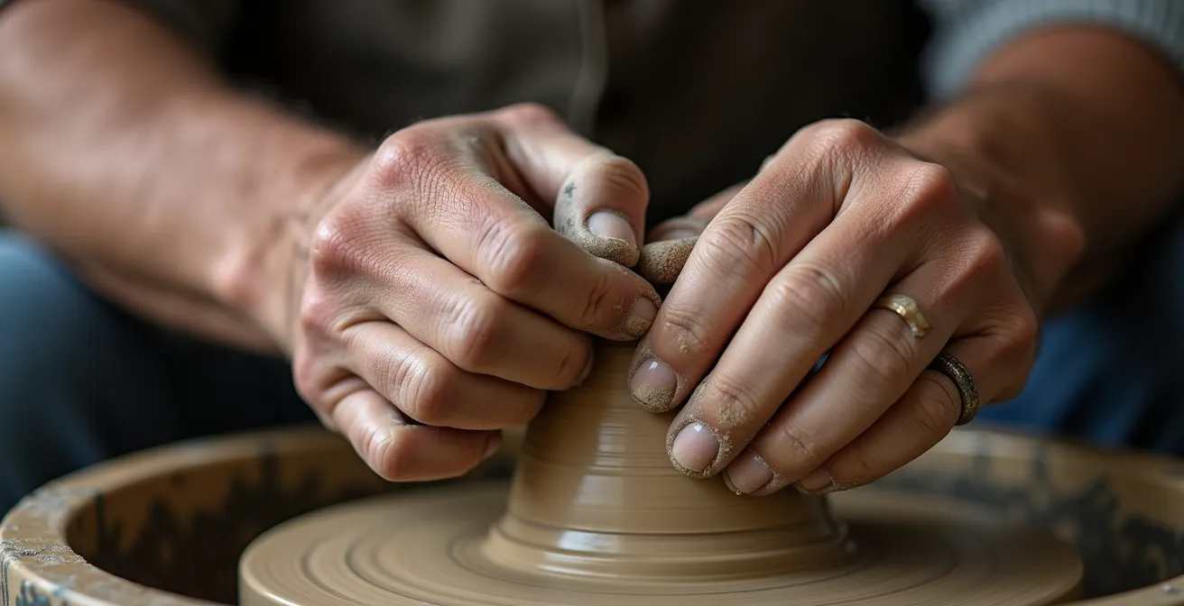 Nahaufnahme von erfahrenen Händen eines Töpfermeisters bei der Demonstration der richtigen Technik