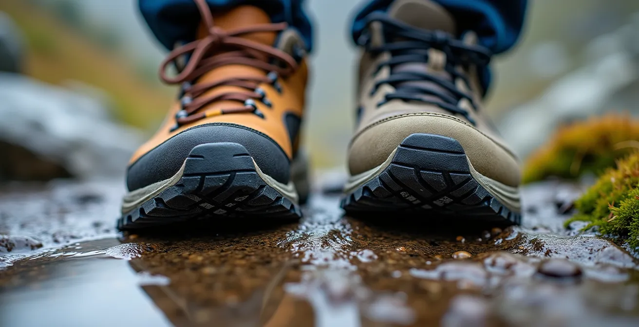 Makroaufnahme zeigt den drastischen Unterschied zwischen dem tiefen Profil eines Wanderschuhs und der glatten Sohle eines Turnschuhs auf nassem Fels.