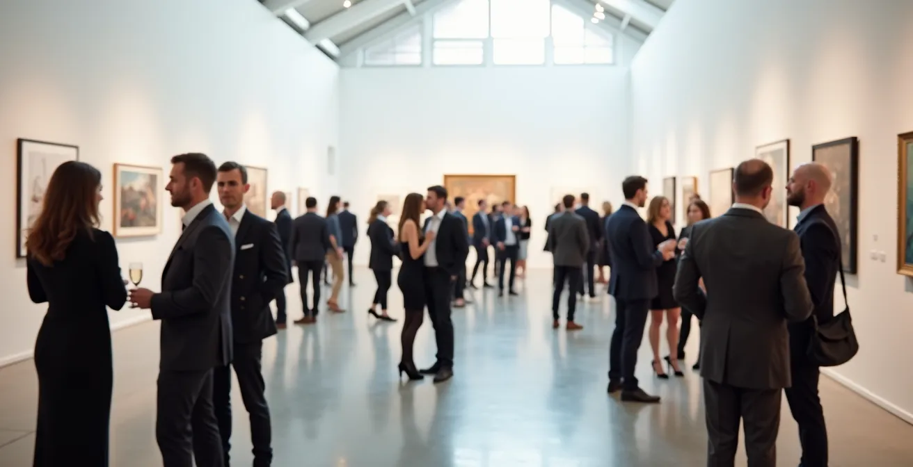 Weitwinkelaufnahme einer Vernissage mit Besuchern in Gesprächen