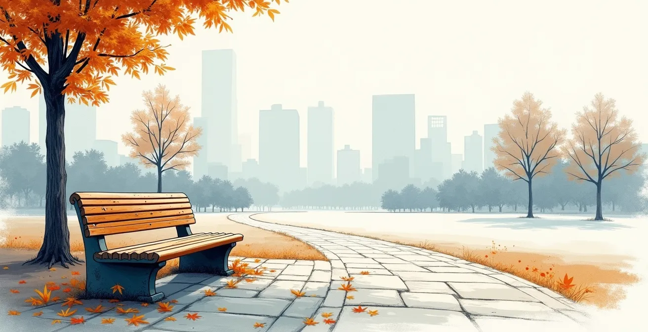 Urban Sketch zeigt Tiefenwirkung durch detaillierten Vordergrund und verschwommenen Hintergrund