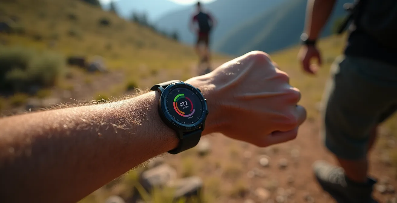 Nahaufnahme von Wandererarm mit Smartwatch beim Pulsmessen auf Trail
