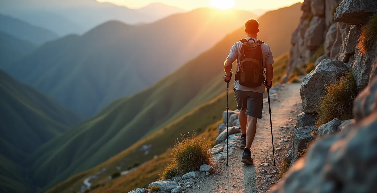 Wanderer überquert sicher schmalen Felsgrat mit Wanderstöcken