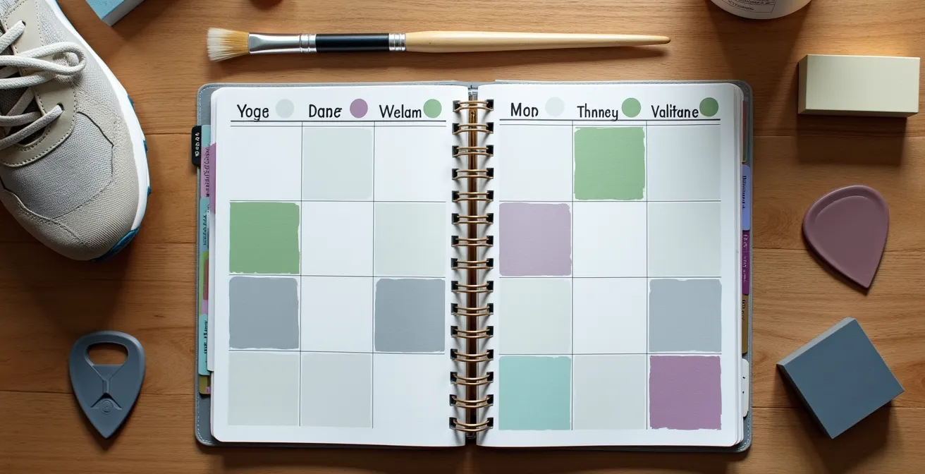 Tageskalender mit farbkodierten Zeitblöcken für Sport und kreative Aktivitäten