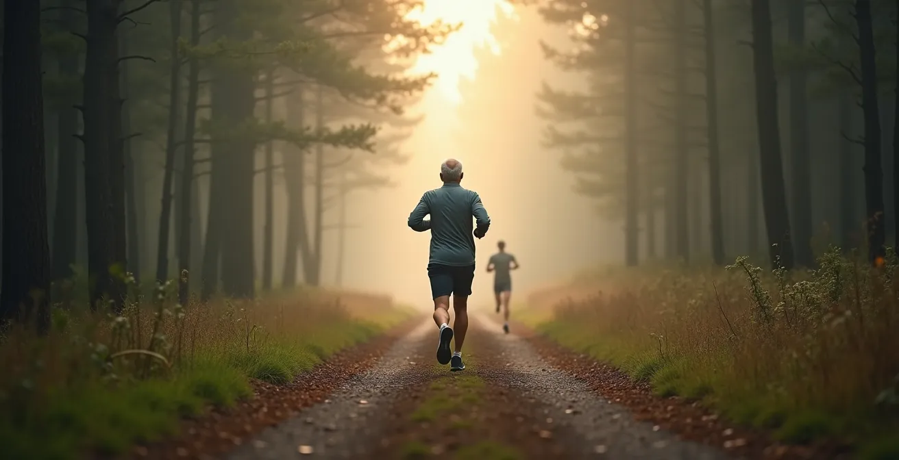 Läufer in meditativer Haltung beim langsamen Laufen auf einem Waldweg, was die mentale Stärke des Zone-2-Trainings symbolisiert.